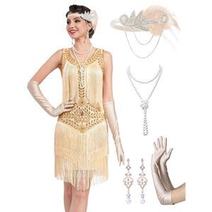 4764 1920s Flapper Dresses For Women,lace V Neck Great Gatsby